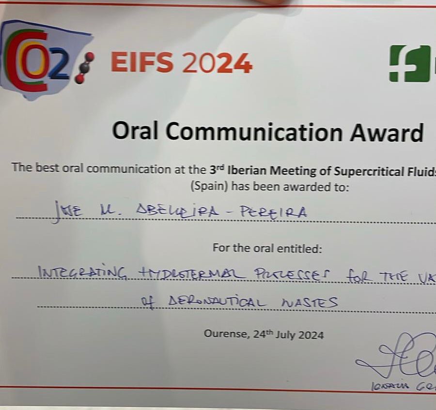 Mejor comunicación oral en el 3º Encuentro Ibérico sobre Fluidos Supercríticos